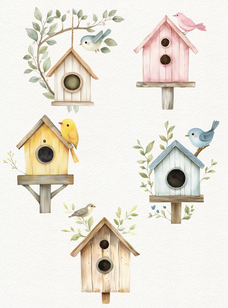 May include: Five watercolor birdhouses with different colors and designs. Each birdhouse has a small opening for birds to enter. Some birdhouses have birds perched on top or near them.