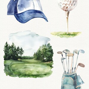 Puede incluir: Pintura acuarela de equipo de golf, que incluye una bola de golf en un tee, una bolsa de golf con palos, un campo de golf con &aacute;rboles y una gorra de b&eacute;isbol azul.