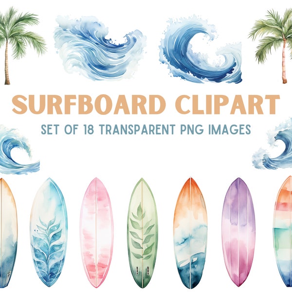 Surfboard Clipart, Beach Clipart, Watercolor Beach Waves, Surf Clipart Bundle, Watercolor Surfboard PNG, Palm Trees Clipart PNG