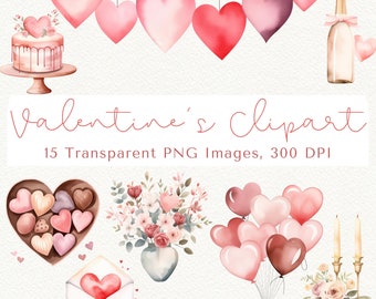 Valentine's Day Clipart: Heart Balloons, Flowers, Cake (PNG, 300 DPI)