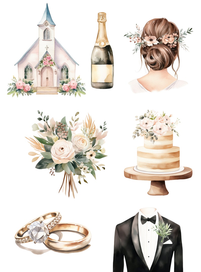 Wedding Timeline Clipart, Watercolor Wedding Clipart, Wedding PNG, Wedding Day Clipart, Clipart Wedding Elements, Wedding Cake Clipart image 3