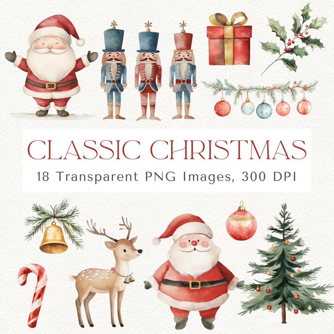 Watercolor Christmas Clipart: Santa, Tree, Ornaments (PNG Digital ...
