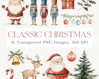 Watercolor Christmas Clipart: Santa, Tree, Ornaments (PNG Digital Download)