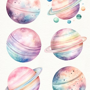 May include: Six watercolor illustrations of planets with rings and stars. The planets are painted in shades of pink, blue, and purple with a galaxy-like background.