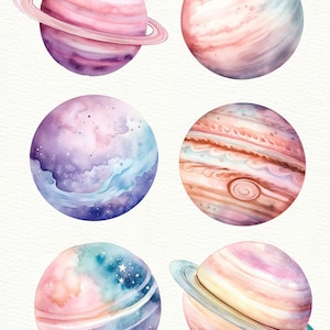 May include: Six watercolor illustrations of planets in shades of pink, purple, blue, and orange. Each planet has a unique pattern and texture, including rings, swirls, and stars.