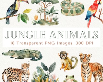 Watercolor Jungle Animals Clipart: Safari Theme PNG (Digital Download)