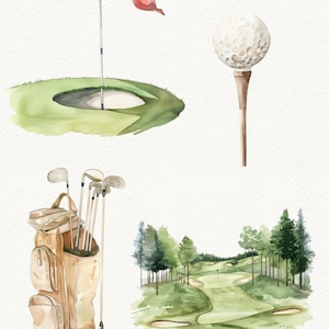 Puede incluir: Ilustraci&oacute;n de acuarela de equipo de golf, que incluye una bolsa de golf con palos, una bola de golf en un tee, un green con una bandera y un campo de golf con &aacute;rboles.