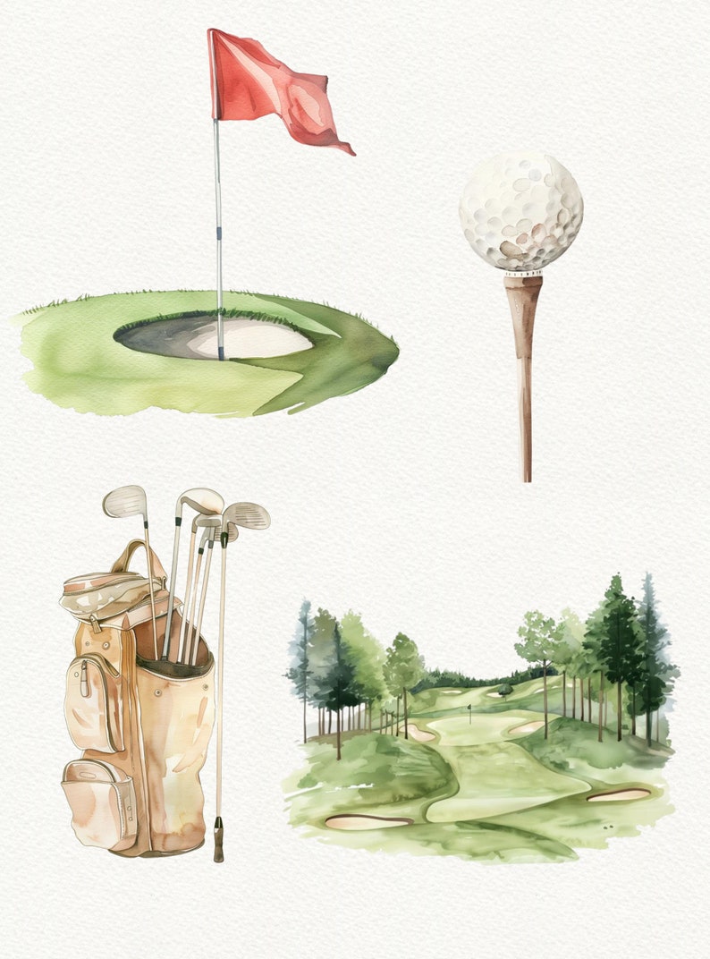 Puede incluir: Ilustraci&oacute;n de acuarela de equipo de golf, que incluye una bolsa de golf con palos, una bola de golf en un tee, un green con una bandera y un campo de golf con &aacute;rboles.
