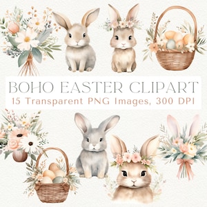 Clipart de Pâques, Boho Clipart de Pâques, Clipart de lapin de Pâques, PNG de Pâques, Panier de Pâques PNG, Clipart de Pâques mignon, Clipart floral de Pâques