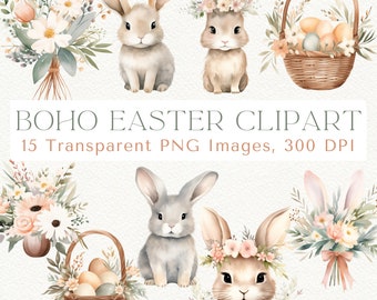 Boho Easter Clipart: Watercolor Bunny & Floral PNG Images (Digital Download)