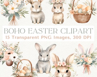 Easter Clipart, Boho Easter Clipart, Easter Bunny Clipart, Easter PNG, Easter Basket PNG, Cute Easter Clipart, Easter Floral Clipart