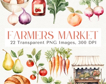 Watercolor Farmers Market Clipart: Fruit, Veggies, Flowers (PNG)