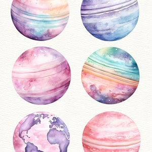 May include: Six watercolor illustrations of planets with different colors and patterns. The planets are painted in shades of pink, blue, purple, and orange. Each planet has a unique design, including stripes, swirls, and stars.