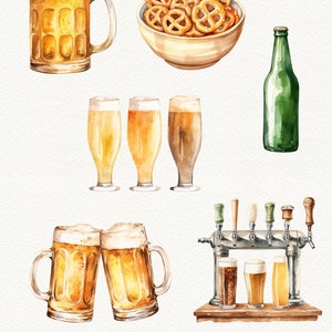 May include: A watercolor illustration of various beer-related items, including a beer mug, glasses, a bottle of beer, a bowl of pretzels, and a beer tap with glasses. The illustration is done in a light, whimsical style.
