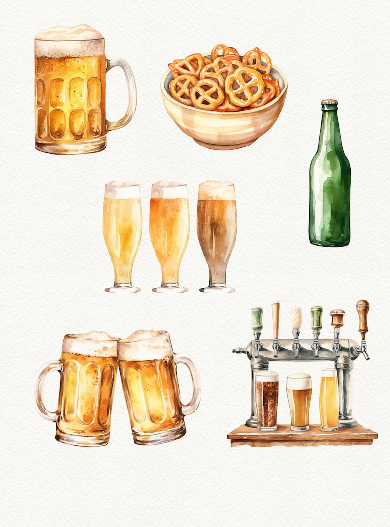 May include: A watercolor illustration of various beer-related items, including a beer mug, glasses, a bottle of beer, a bowl of pretzels, and a beer tap with glasses. The illustration is done in a light, whimsical style.