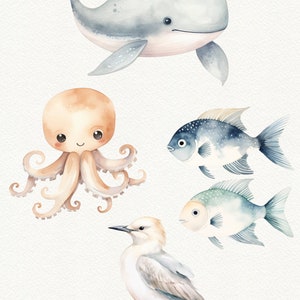 May include: Watercolor illustration of a whale, octopus, two fish, and a seagull. The whale is blue and gray, the octopus is orange, the fish are blue and white, and the seagull is white.
