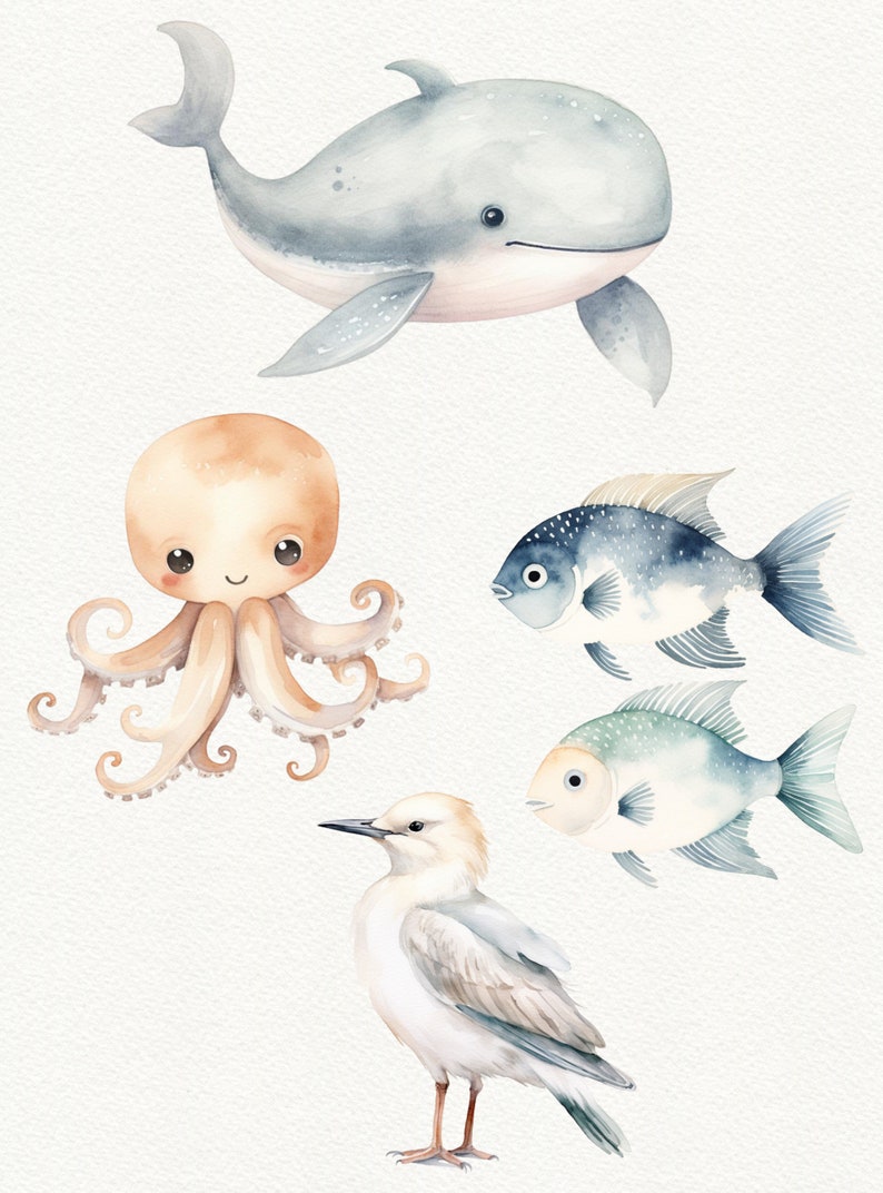 May include: Watercolor illustration of a whale, octopus, two fish, and a seagull. The whale is blue and gray, the octopus is orange, the fish are blue and white, and the seagull is white.