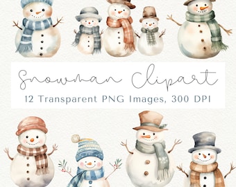 Watercolor Snowman Clipart, Christmas PNG Graphics (Digital Download)