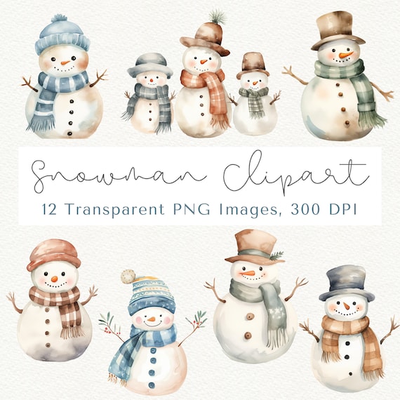 Watercolor Snowman Clipart, Christmas PNG Graphics (Digital Download)