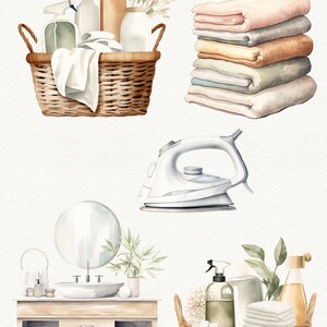 May include: A watercolor illustration of a bathroom vanity with a sink, mirror, and towels. There are two baskets filled with cleaning supplies and towels. One basket is brown wicker and the other is white wicker. There is also a white iron.