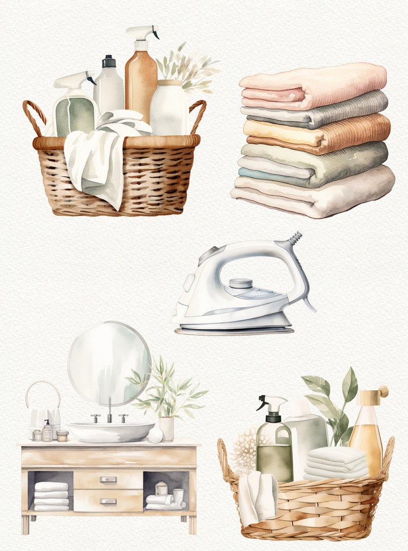 May include: A watercolor illustration of a bathroom vanity with a sink, mirror, and towels. There are two baskets filled with cleaning supplies and towels. One basket is brown wicker and the other is white wicker. There is also a white iron.