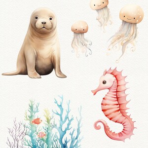 May include: Watercolor illustration of a seal, a seahorse, three jellyfish, and coral with fish. The seal is light brown and sitting on its hind legs. The seahorse is pink with white stripes. The jellyfish are white with light blue tentacles. The coral is blue and green with two orange fish.