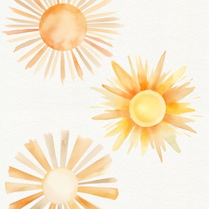 Watercolor Sun Clipart: Pastel Sunburst PNG Images (digital Download