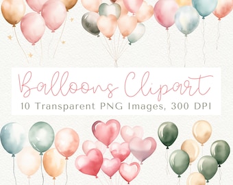 Watercolor Pastel Balloons Clipart: Party PNG Images (Digital Download)