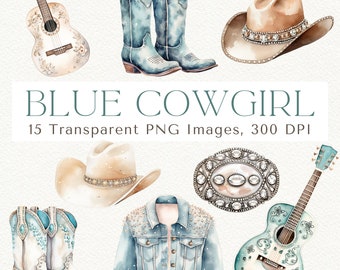 Blue Cowgirl Clipart: Watercolor Boots, Hat, Guitar PNG (Digital Download)