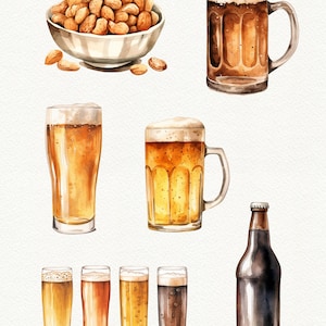 May include: Watercolor illustration of beer and peanuts. A bowl of peanuts, a glass of beer, a mug of beer, a bottle of beer, and four glasses of beer in different colors.