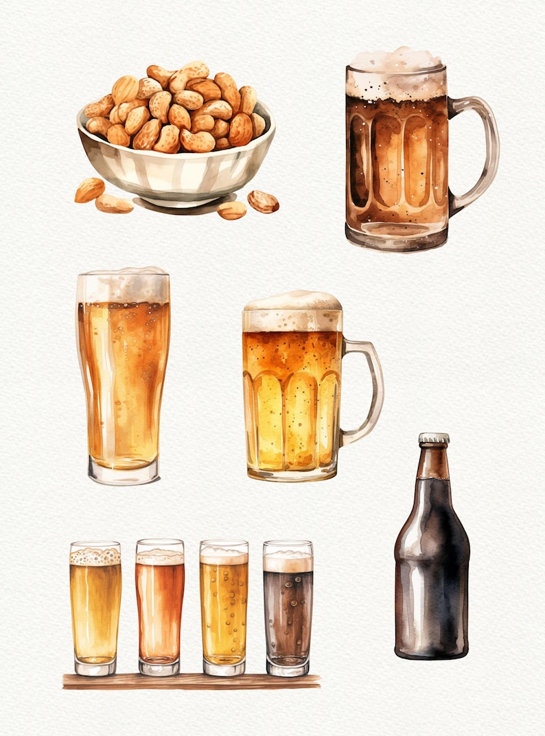 May include: Watercolor illustration of beer and peanuts. A bowl of peanuts, a glass of beer, a mug of beer, a bottle of beer, and four glasses of beer in different colors.