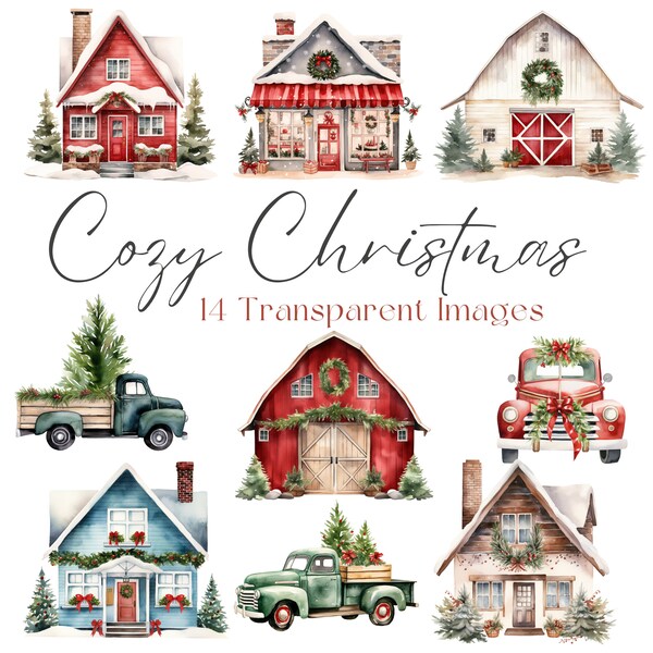 Christmas Cottage Clipart, Cozy Christmas Clipart, Christmas Truck Clipart, Winter House Clipart, Christmas Clipart, Christmas Store Clipart