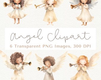 Christmas Angel Watercolor Clipart, 6 PNG Images (300 DPI)