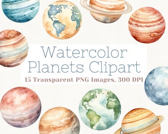 Planets Clipart, Watercolor Planets Clipart, Space Clipart, Outer Space Clipart, Solar System, Earth Clipart, Space PNG, Planets PNG