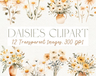 Watercolor Daisy Clipart: Neutral Floral PNG Images (Digital Download)