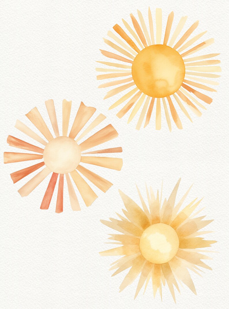 Watercolor Sun Clipart: Pastel Sunburst PNG Images (digital Download