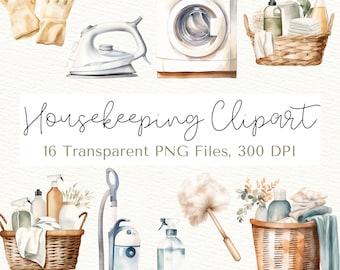 Cute Housekeeping Clipart, Watercolor Cleaning Supplies, Cleaning Clipart Bundle, Laundry Clipart, Cleaning Service PNG, Chore Clipart