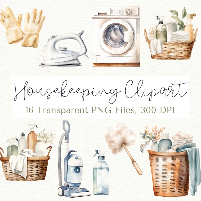 May include: A watercolor illustration set of 16 housekeeping clipart images. The set includes a washing machine, iron, vacuum cleaner, dusters, cleaning supplies, and baskets. The images are in a light blue, brown, and white color scheme. Housekeeping Clipart, 16 Transparent PNG Files, 300 DPI
