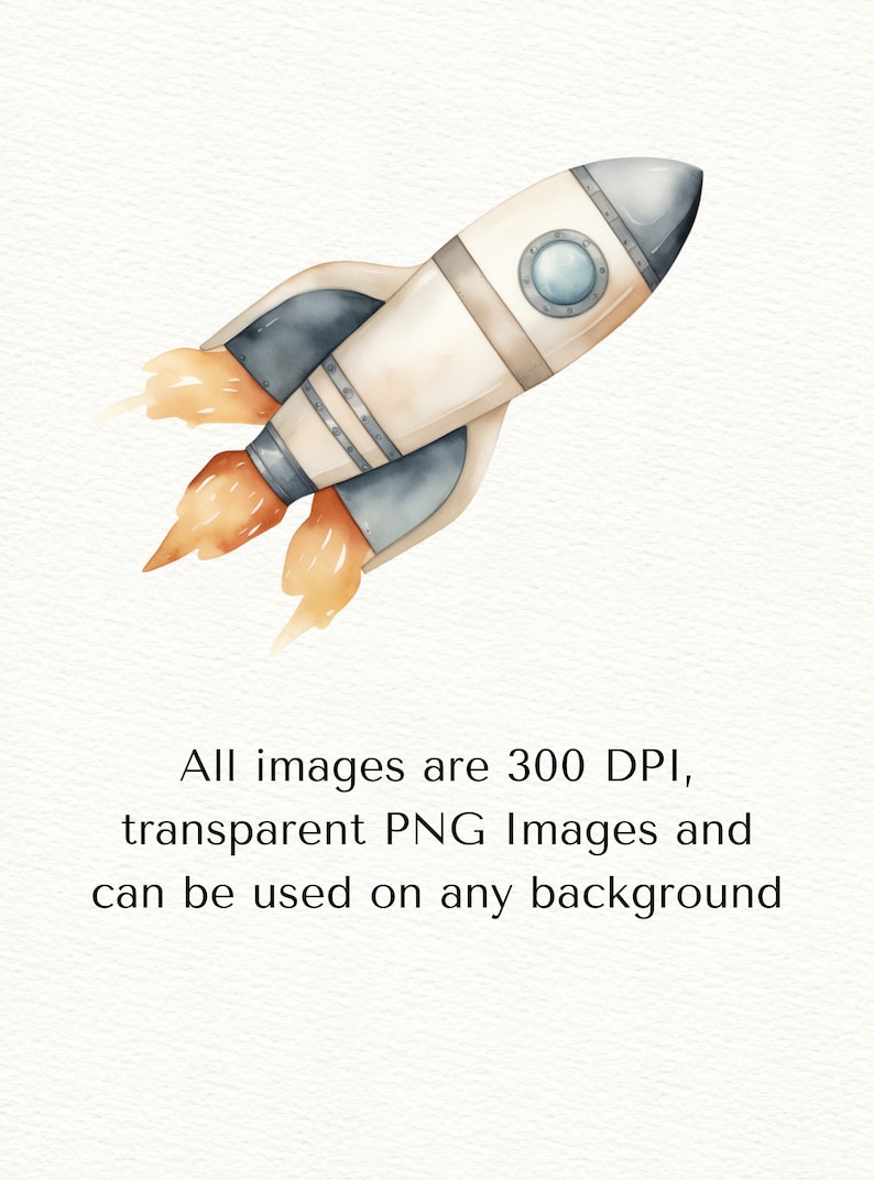 May include: A watercolor illustration of a white and blue rocket ship with orange flames. The rocket is flying upwards and has a round window.