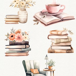 May include: A watercolor illustration of a cozy reading nook with a gray armchair, a side table with a lamp and a potted plant, and a stack of books. There are also two other illustrations of books and flowers.