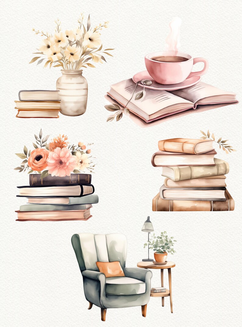 May include: A watercolor illustration of a cozy reading nook with a gray armchair, a side table with a lamp and a potted plant, and a stack of books. There are also two other illustrations of books and flowers.