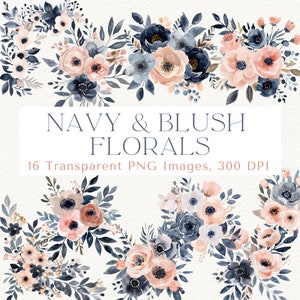 Blush Pink and Navy Floral Clipart, Navy and Blush Clipart, Floral clipart, Spring Clipart, Blush Floral Clipart, Boho Floral Clipart
