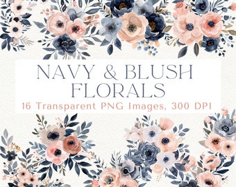 May include: A digital download of 16 watercolor floral illustrations in navy blue and blush pink. The images are transparent PNG files at 300 DPI. "NAVY & BLUSH FLORALS" is written in the center of the image.