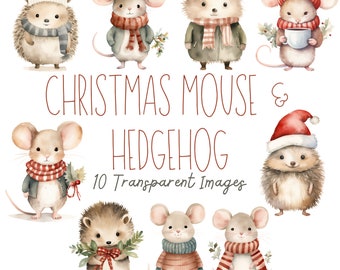 Watercolor Christmas Mouse & Hedgehog Clipart: Holiday PNG Images (Digital Download)