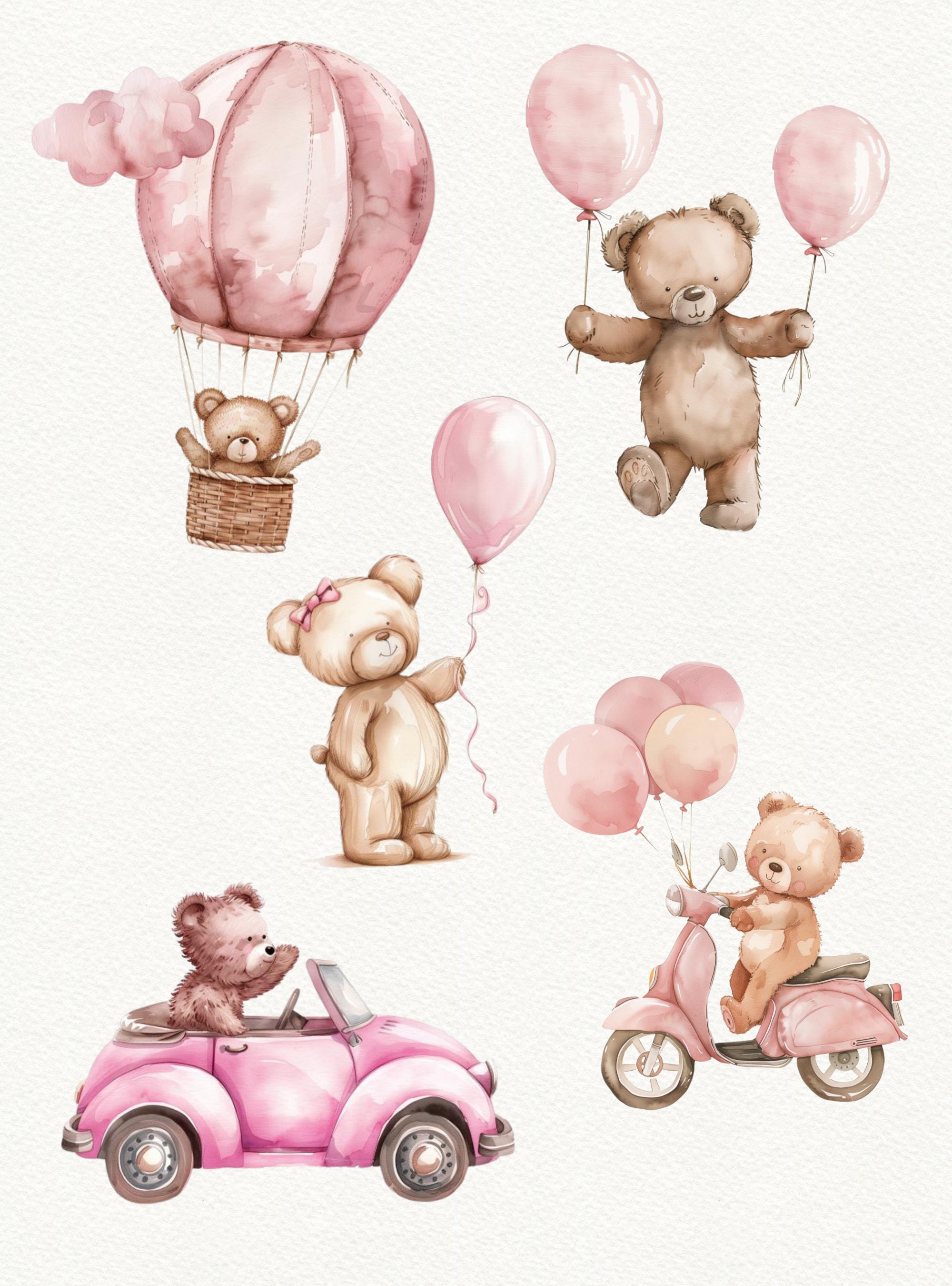Pink Teddy Bear Watercolor Clipart: Birthday Balloons (PNG) - Etsy