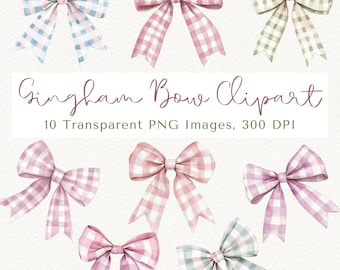 Gingham Bow Clipart: Pink & Blue PNG Graphics (Digital Download)