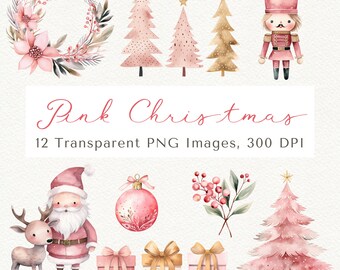 Pink Christmas Clipart: Gold Ornaments, Trees, Santa (PNG Digital Download)
