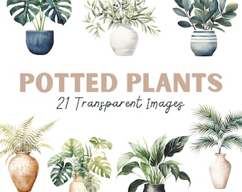 Watercolor Potted Plants Clipart: 21 PNG Images (Digital Download)