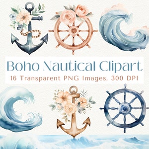 Imágenes Prediseñadas náuticas, Imágenes Prediseñadas Boho, Imágenes Prediseñadas de ancla, PNG de ancla, Imágenes Prediseñadas de océano, PNG de ola de océano, Imágenes Prediseñadas de mar, Imágenes Prediseñadas de ancla, PNG de ancla floral