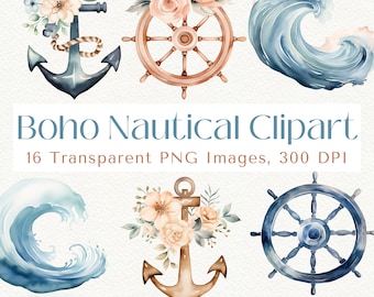 Watercolor Nautical Clipart: Floral Anchors, Ocean Waves (PNG, 300DPI)